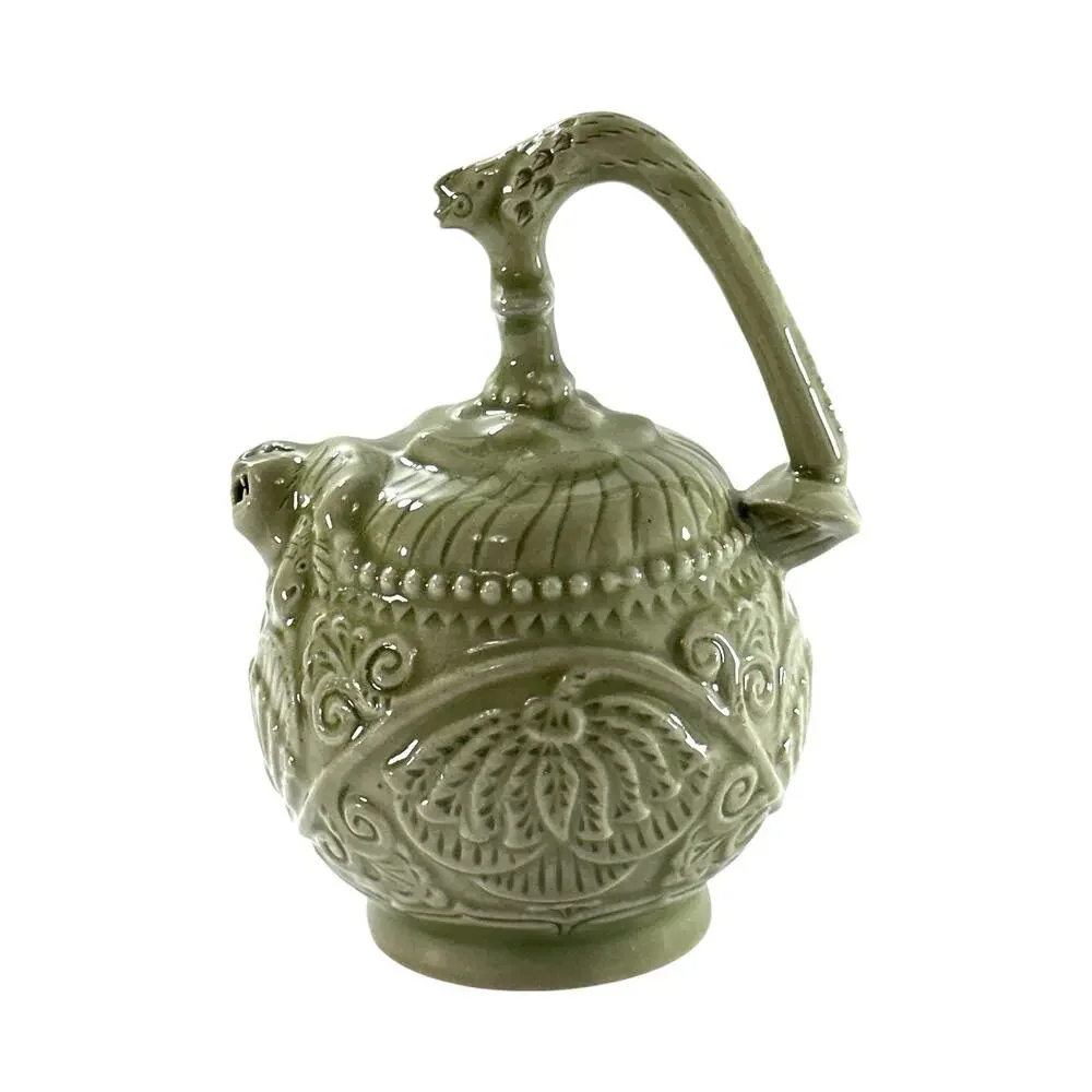 Vintage Chinese Celadon Bottom Filling Teapot Foo Dog Lotus Puzzle Pot 4”